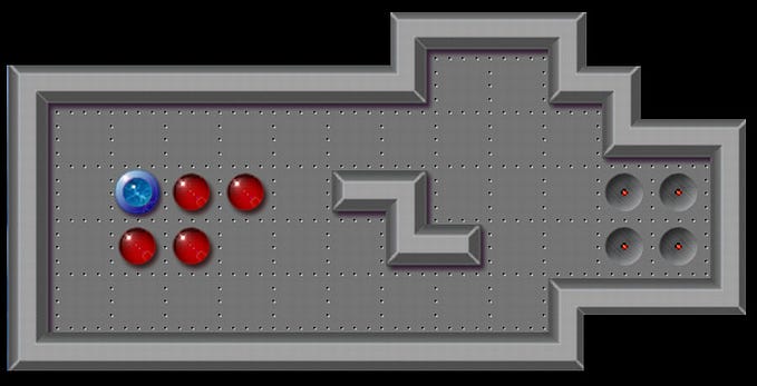 Initial state of a simple Sokoban level with four boxes and four goals.