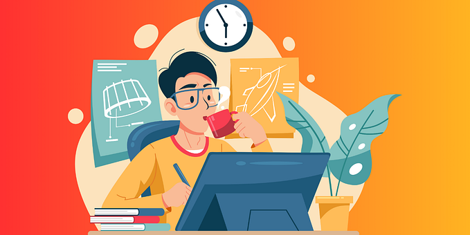 A busy looking content creator sitting as his computer with stats and ideas buzzing around him