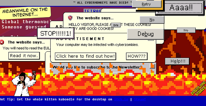 pixelated art — fire on the bottom, tens of pop ups in the top half of the page