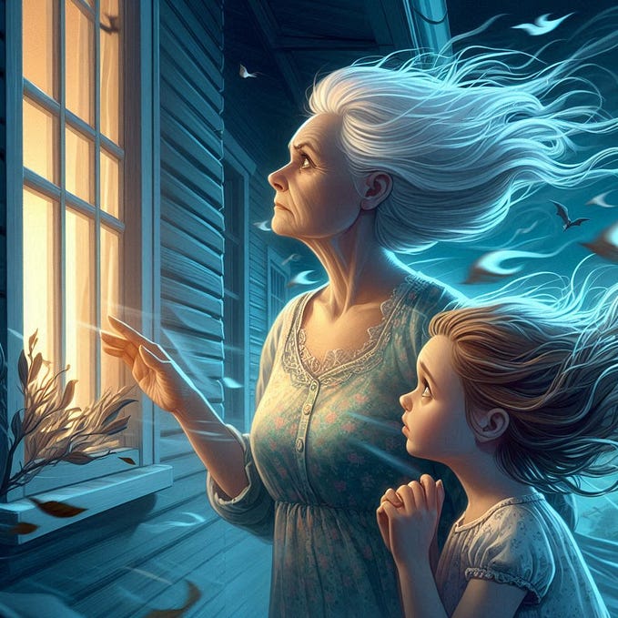 An old woman and a girl child looking in the window.