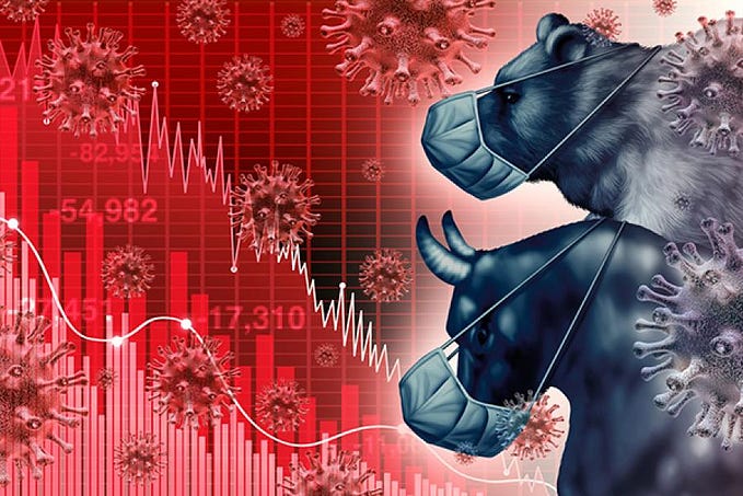 Coronavirus market meltdown: the Bulls and the Bears wearing clinical facemasks