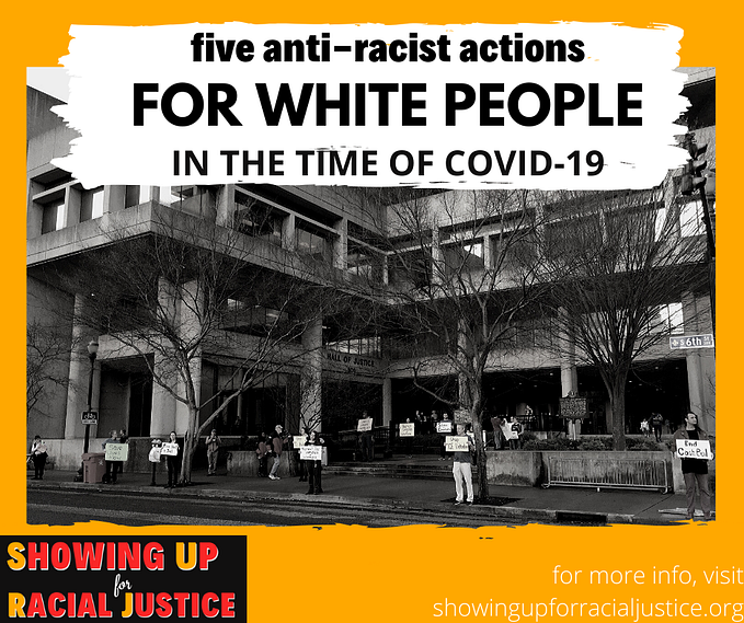 B&W image of people holding protest signs. Words across image: “Five anti-racist actions for white people during covid-19”