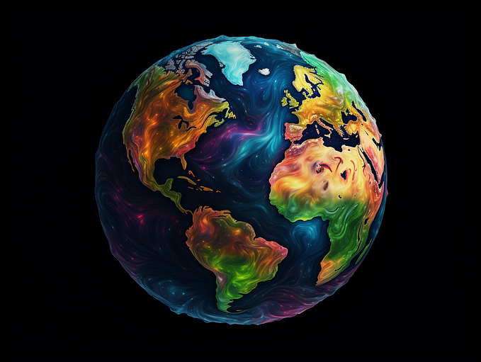 Planet earth as seen from outer space in a cartoon illustration style, showing North and South America, Africa, and Europe.