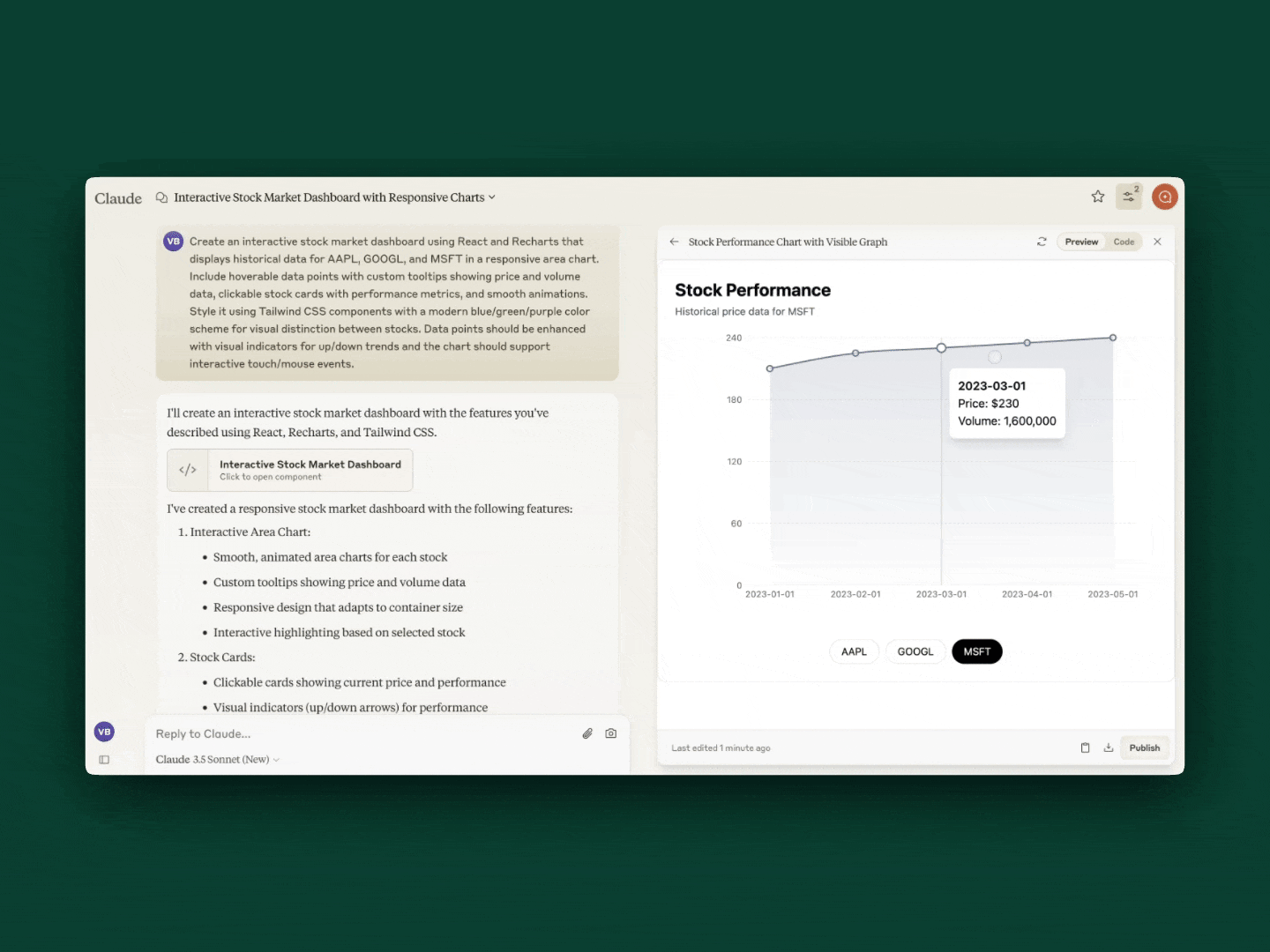 A loop animation showing the artifacts functionality of Claude with the ability to switch between code and preview