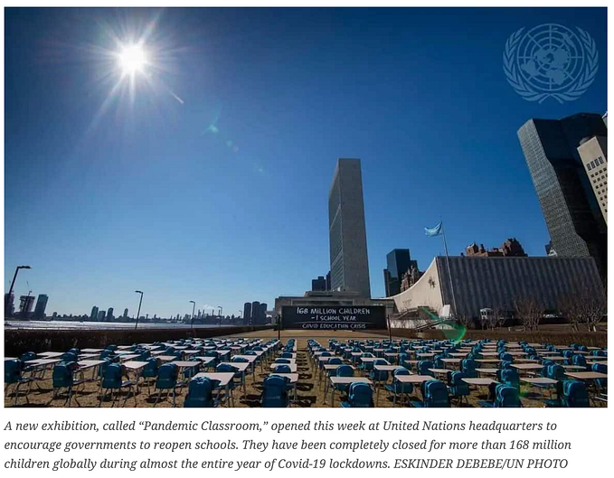 UNHQ NYC art exhibit of empty school desks to signify the over 1 million children whose education has been disrupted this year