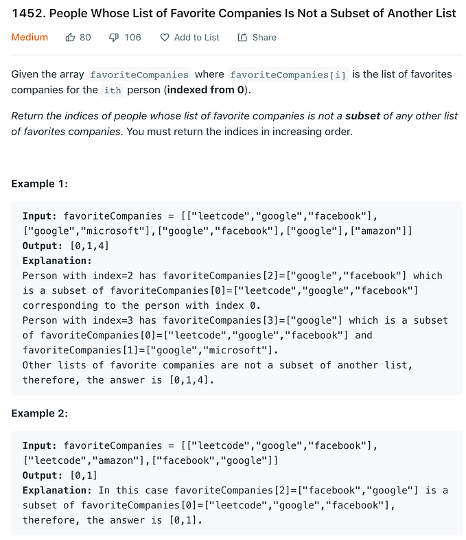 Leetcode 1452: People Whose List of Favorite Companies Is Not a Subset of Another List