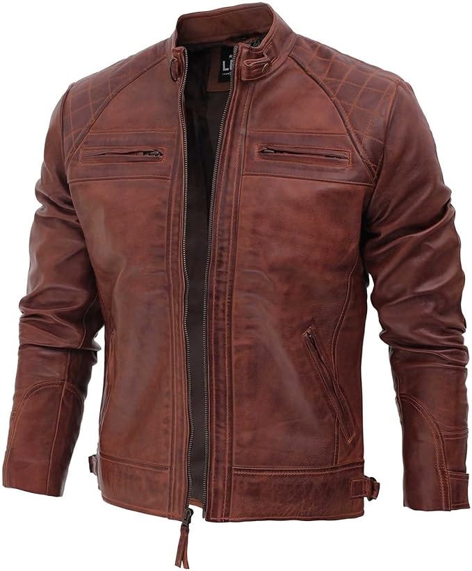 Real Lambskin Leather Biker Jacket — Quilted Cafe Racer Zip Up Moto ...