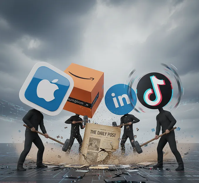 Image 17: Apple App Store, Amazon Box, LinkedIn Logo, and TikTok logo all crushing a blog with sledgehammers