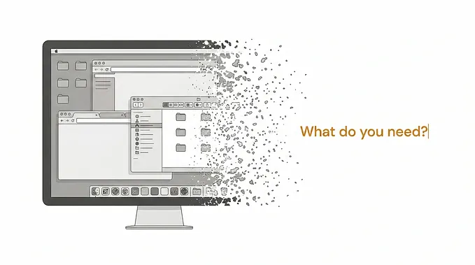 Image 26: Editorial illustration of a computer screen where the traditional desktop interface — windows, menus, icons, and folders — dissolves into particles from left to right, leaving behind a clean, empty space with a single line of text in warm amber: ‘What do you need?’ The image captures the quiet transition from the old working environment to a new one defined by intention rather than navigation.