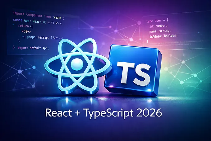 React and TypeScript logos on gradient background with modern code snippets showing 2026 best practices for web development