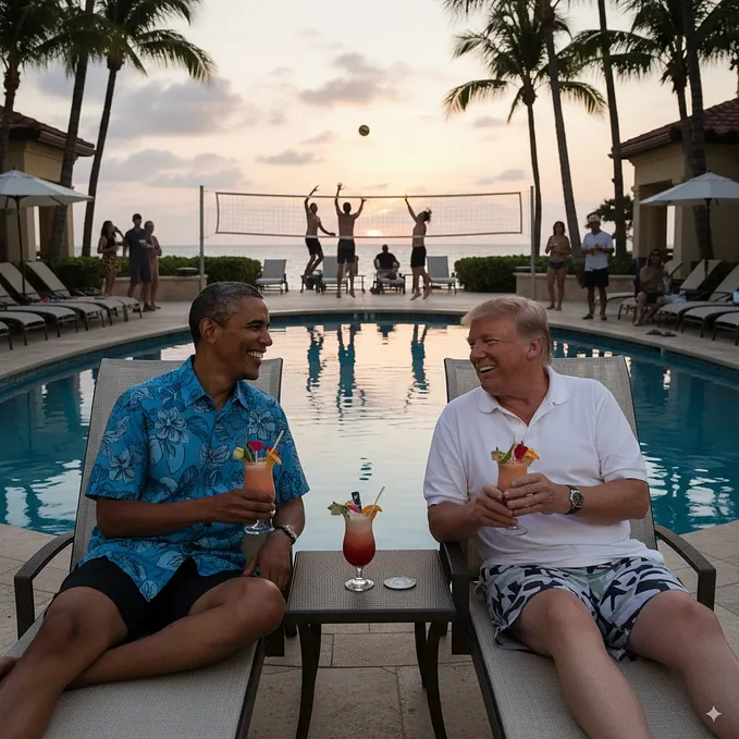 Image 8: AI-generated composite of Barack Obama and Donald Trump sitting by a pool.