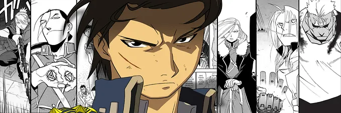 Image 21: A color close-up of Roy Mustang, with black and white panels featuring the case of Fullmetal Alchemist as a background.