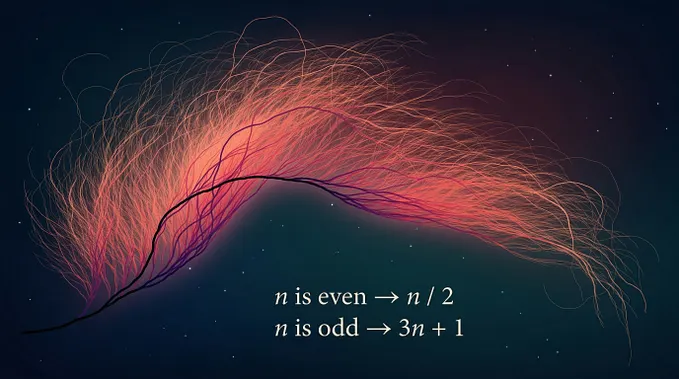 Abstract illustration of the Collatz conjecture showing many flowing, branching lines that merge into a single curved path against a dark background, with the rules “n is even → n/2” and “n is odd → 3n + 1” displayed in the center.