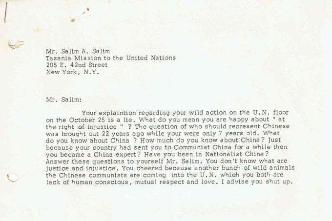 Barua ya vitisho aliyotumiwa Dk. Salim Ahmed Salim na mjumbe mmoja wa Baraza la Umoja wa mataifa mwaka 1971.