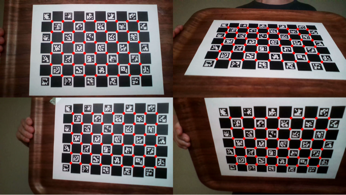 Images taken with a webcam of a Charuco pattern taped to a flat surface. Red dots show corners detected with OpenCV.