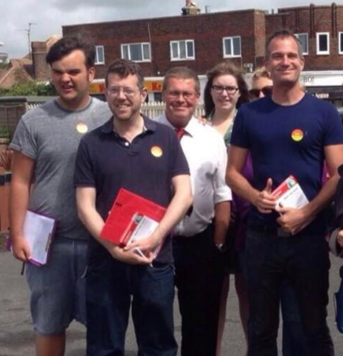 Campaigning in Hove in July 2014 (from left to right): Luke Stanger, Matthew Doyle, Peter Atkinson, and Peter Kyle