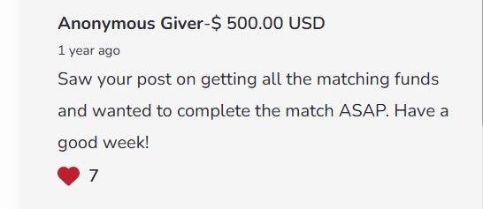 Screenshot of an anonymous donation of $500