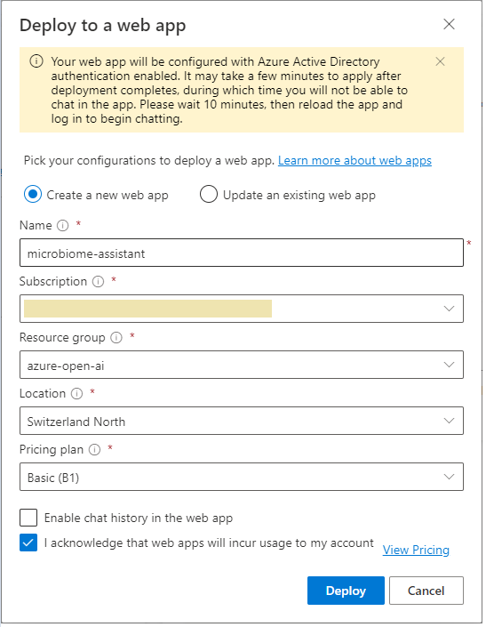 Creating web application details for deploying the GPT-based assistant