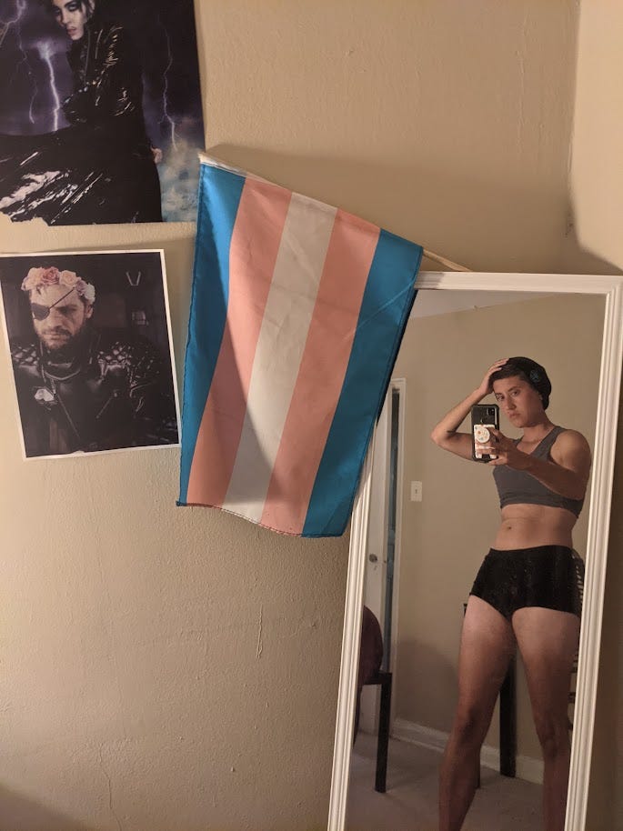 An old selfie of me in my bedroom from September 2021. I’m wearing a grey binder and black boyshort underwear. A trans flag is draped over my mirror; on the wall beside it are a small Dorian Electra poster and a Tumblr edit of Punished Venom Snake wearing a flower crown.