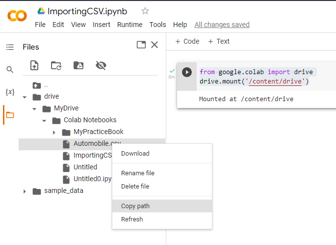 how to read csv file in colab