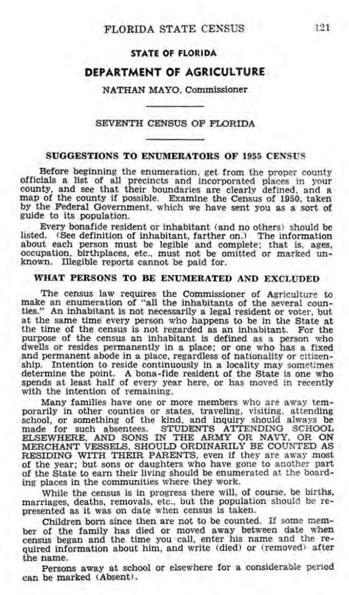 Nathan Mayo, Commissioner of Agriculture. “Suggestions to Enumerators,” The Seventh Census of the State of Florida, 1945, p. 121. Florida Department of Agriculture, 1946. UCF STARS Digital Collections. Caption: The enumerator instructions most researchers never find. Read the instructions before you interpret the columns.