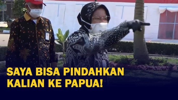 A televised moment where Tri Rismaharini states, “I can relocate you to Papua,” reflecting how Papua is invoked in disciplinary language (https://www.youtube.com/watch?v=0hUqTCkJqSk)