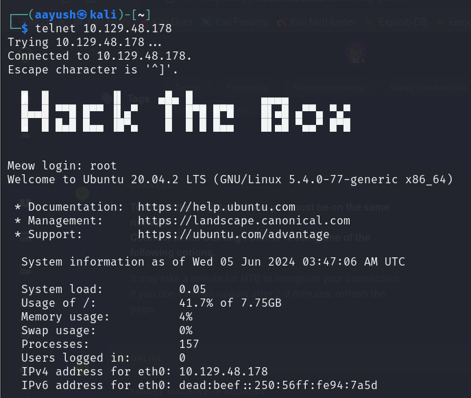 Hack the box(meow). Hack the box meow | by Aayushstha | Jun, 2024 | Medium