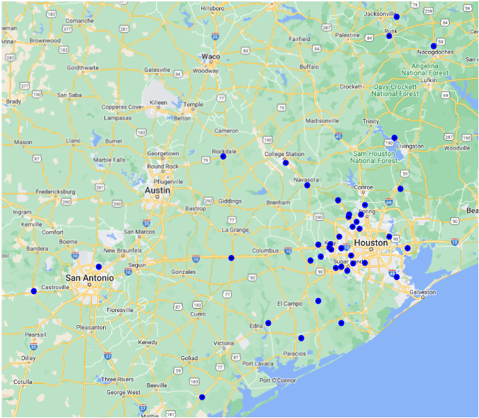 Blue dots on the map represent a school’s campus location that attended the Seven Lakes FFA CDE.