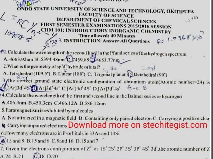 OAUSTECH COMPLETE 100 LEVEL PAST QUESTIONS AND ANSWERS by Jamb and