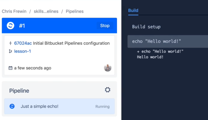 Example step output showing “Hello world!” outputted on the first step.