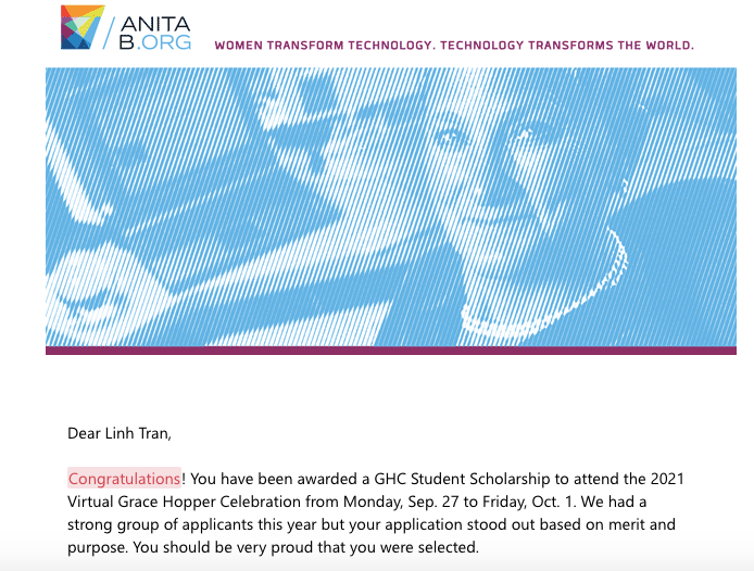 Receiving Grace Hopper Scholarship as a student not in the Computer