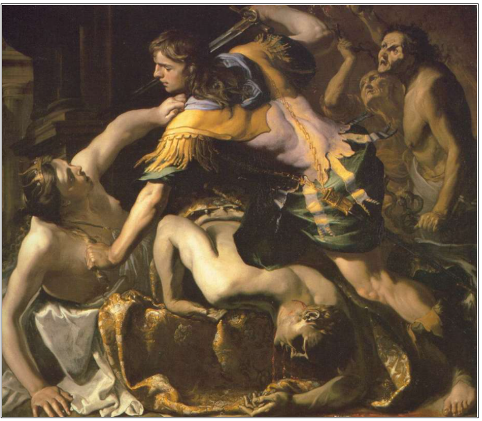 Orestes, Aigisthos ve Klytaimnestra'yı Öldürürken, Orestes Slaying Aegisthus and Clytemnestra — Bernardino Mei (1612–1676)