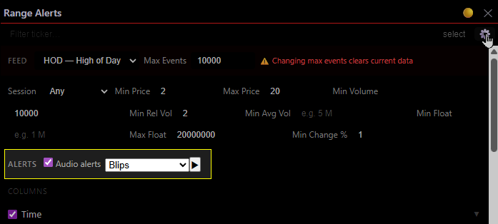 Screenshot: Range Alerts widget settings with audio alerts enabled with the “Blips” sound. Audio alerts configuration highlighted in the yellow box.