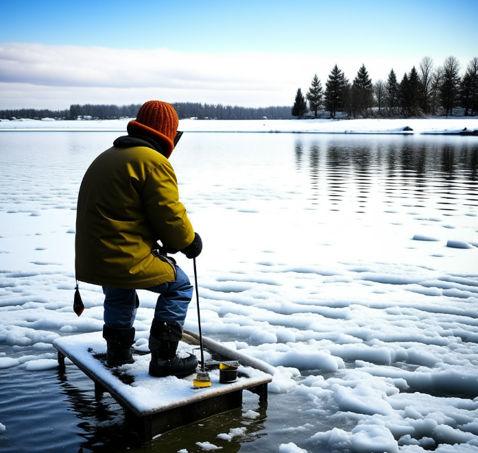 Hand ice auger and tip-up ice fishing rod at frozen lake at Winter