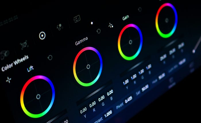 A close-up shot of color wheels in a video editing software.