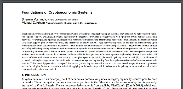 An Introduction To: “Foundations of Cryptoeconomic Systems”