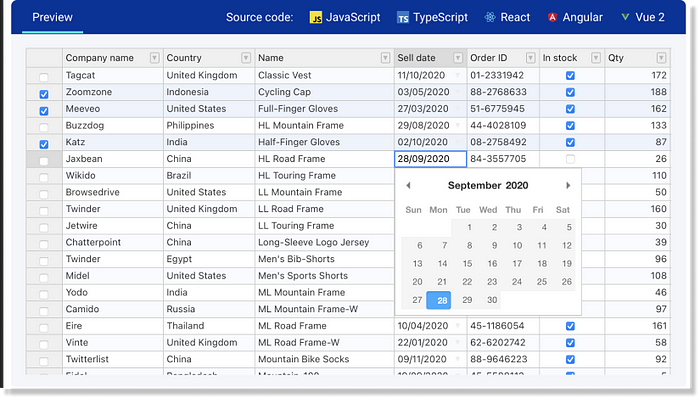 Example of Handsontable data grid — 7 leading JavaScript data grids in 2023