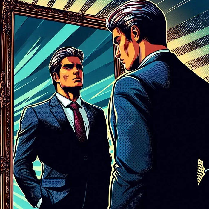 a man looks in the mirror for his justification