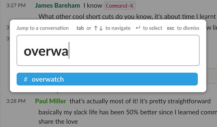 A screenshot of the Jump to… feature being used on Slack.