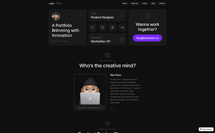 Dark mode design with 3 columns of Bento boxes and a purple button