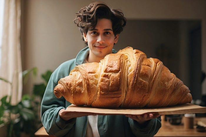 A man holding a gigantic croassant