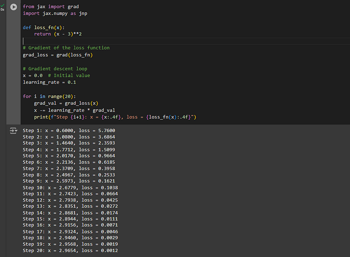 The output shows the progression of gradient descent over 20 iterations. Starting from x = 0.0 and loss = 5.7600, the value of x increases and the loss decreases with each step. By the final iteration (Step 20), x is approximately 2.9654, and the loss is reduced to 0.0012, demonstrating convergence towards the minimum loss.