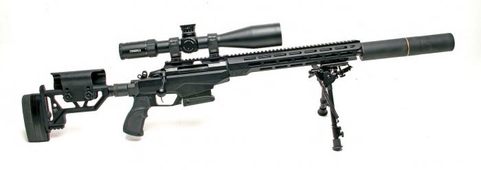 Ett modernt klass 1 vapen (Tikka T3x TAC A1) — det som den fd officeren inte är lämpligt för jakt av någon anlednning