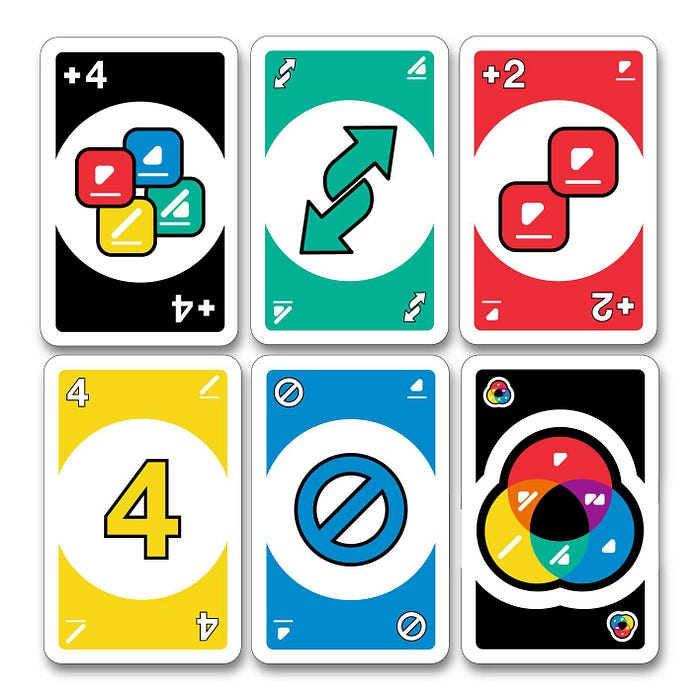The image shows 6 cards from the UNO game with the application of the ColorAdd system, which is based on the inclusion of icons that symbolize the colors of the cards.