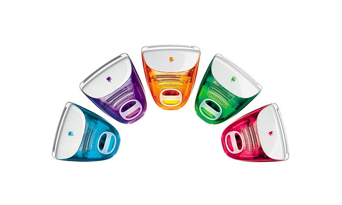 The iMac G3 in 5 different colours. Blue, Purple, Yellow, Green and Red.