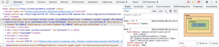 A screenshot from Chrome DevTools opened on Elements tab — displaying HTML structure of page elements and section describing their styling