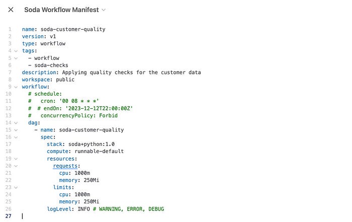 The image shows an example of Soda Workflow Manifest to configure Soda Stack on DataOS for batch quality checks