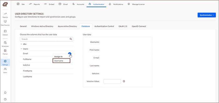 Select a Report Server user data field to assign the Database field