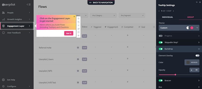 Screenshot of flows in Userpilot