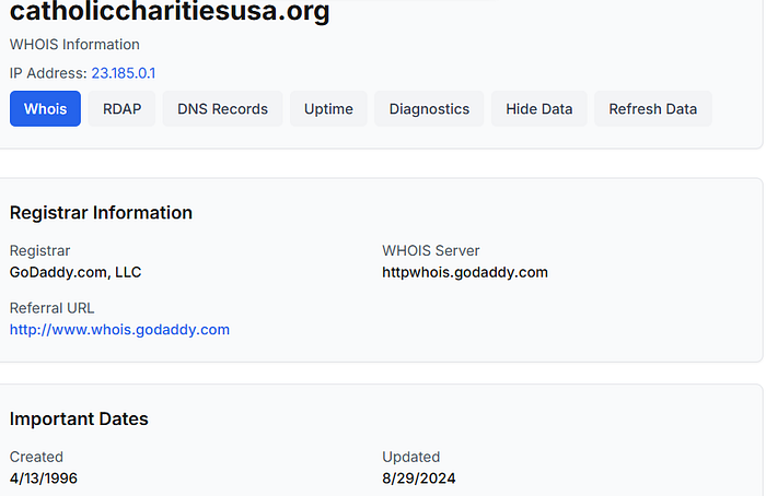 Domain registration information for the Catholic Charities website